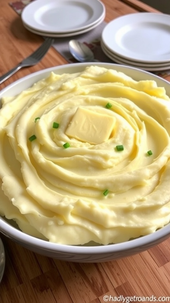 A bowl of creamy mashed potatoes topped with butter and chives on a rustic table.